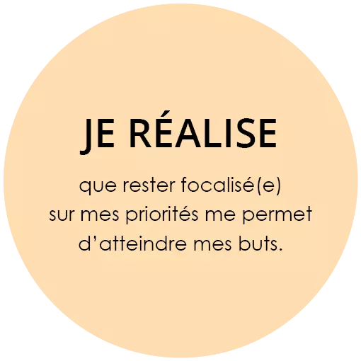 Bulle colorée Je Réalise que rester focalisé(e) sur mes priorités me permet d'atteindre mes buts.