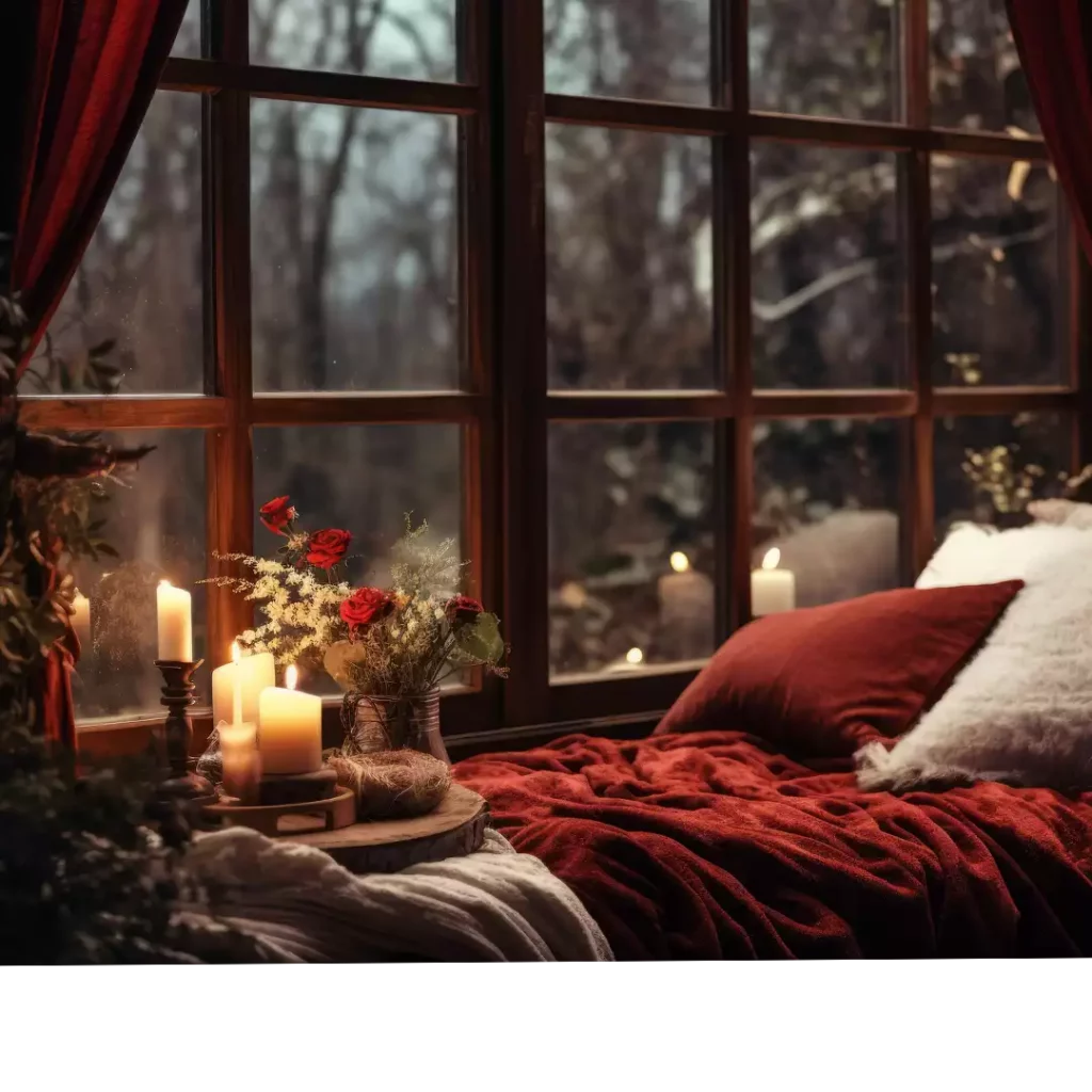 Image d'en-tête de l'article Je Réalise : " Se faire plaisir sans culpabiliser - Méthode en 3 étapes ", sur laquelle l'on voit un espace de détente cocooning avec des bougies devant une grande fenêtre avec des rideaux rouges donnant sur un paysage hivernal.