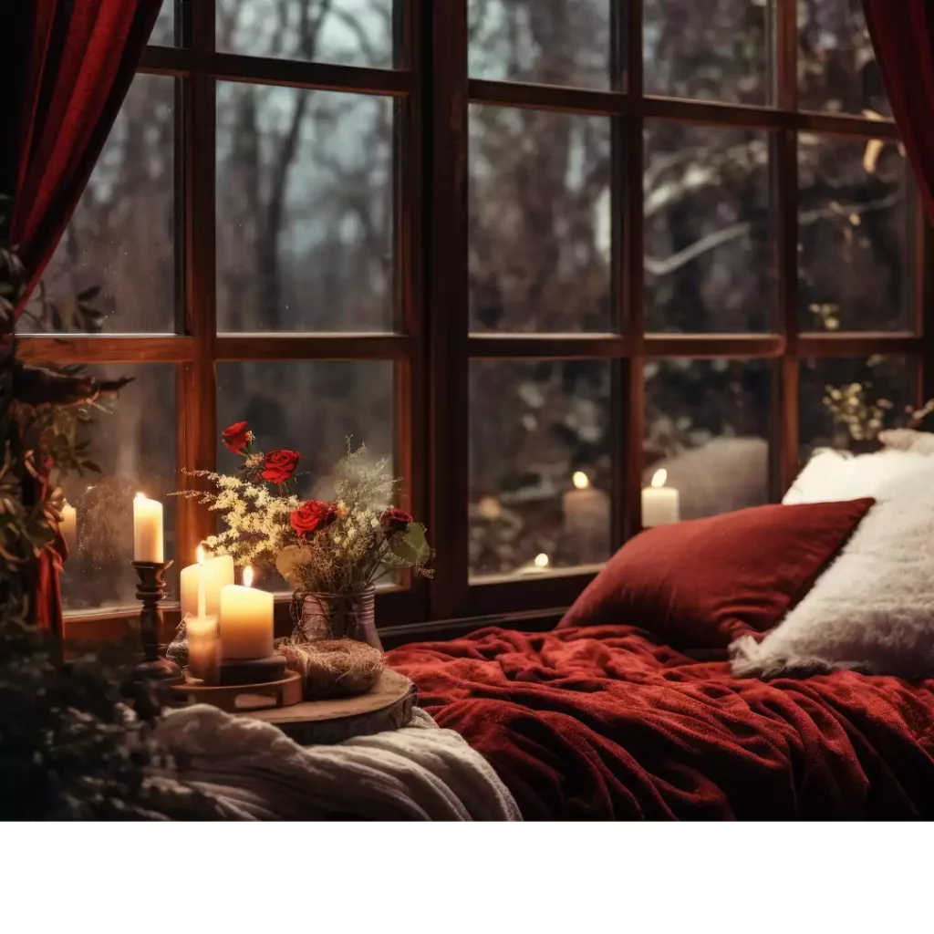 Image d'en-tête de l'article Je Réalise : " Se faire plaisir sans culpabiliser - Méthode en 3 étapes ", sur laquelle l'on voit un espace de détente cocooning avec des bougies devant une grande fenêtre avec des rideaux rouges donnant sur un paysage hivernal.